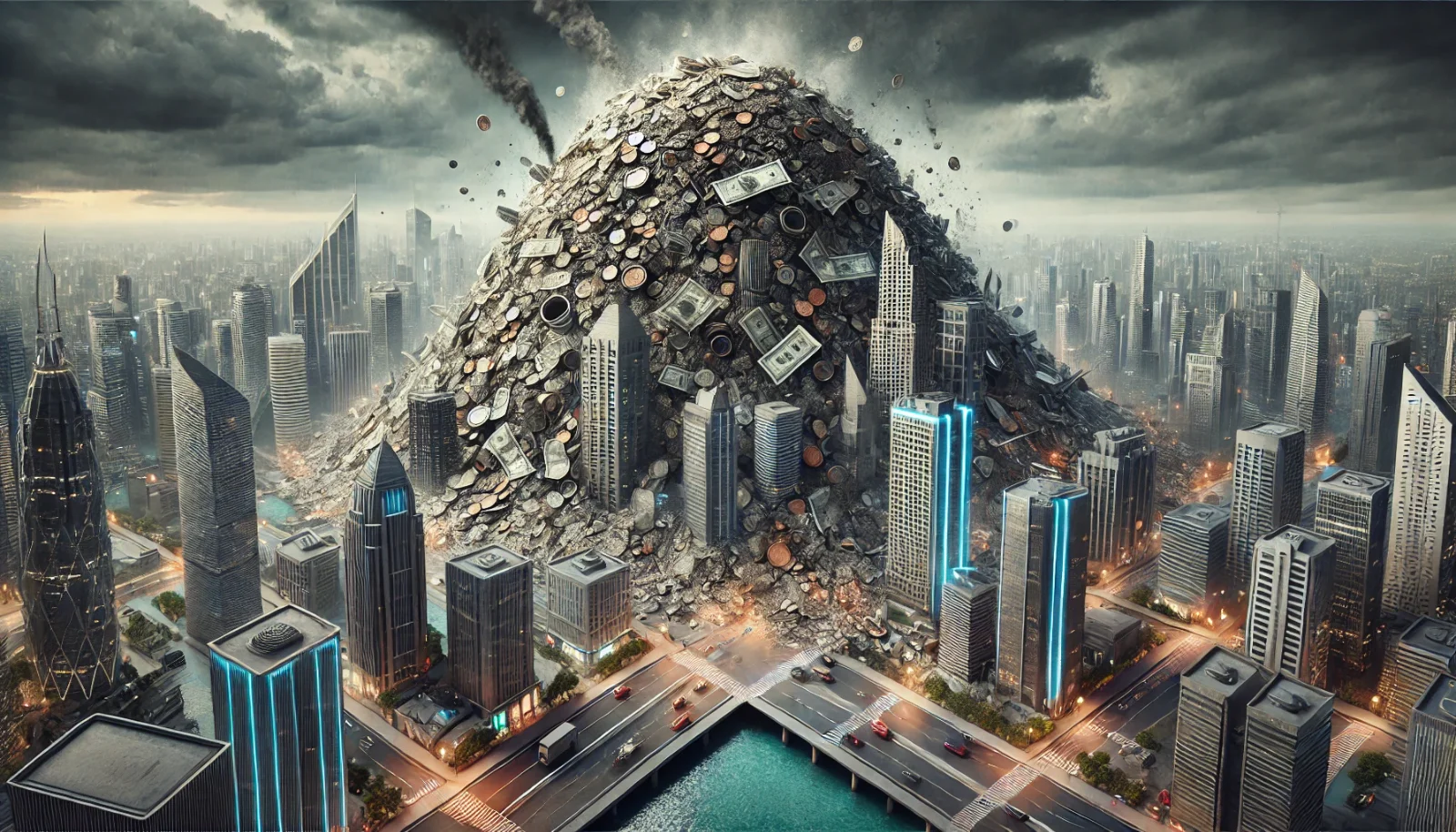 Ein Schuldenberg überwälzt die Hochhäuser einer Stadt. Bild: ChatGPT