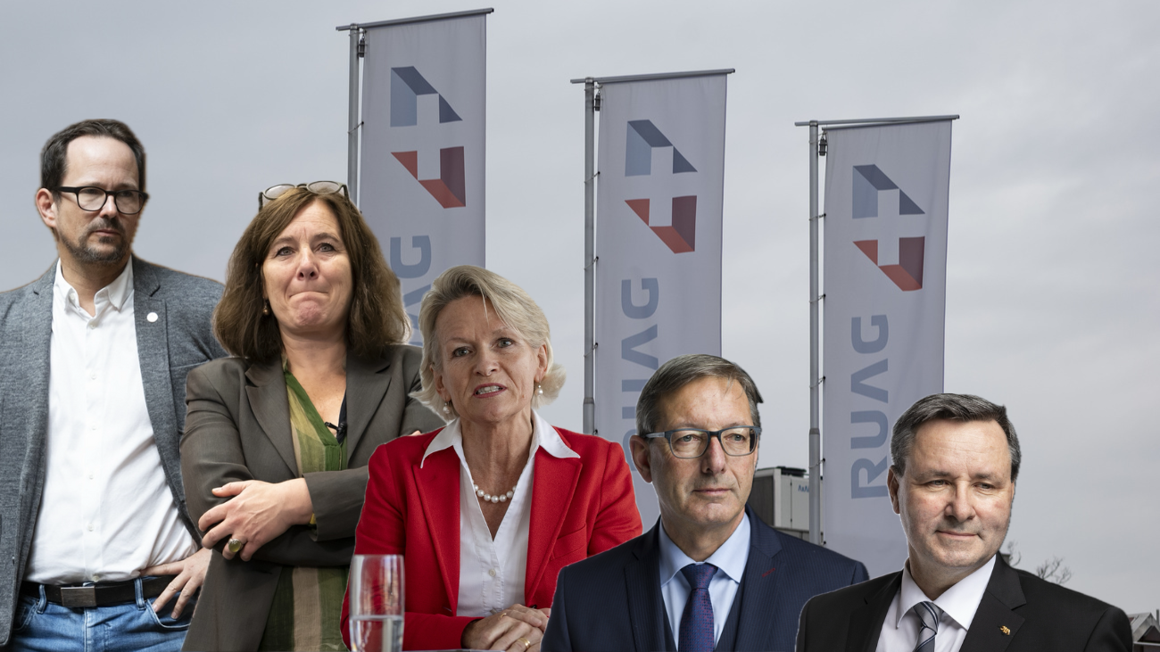 Sicherheitspolitiker reagieren zum Ruag-Fall: Balthasar Glättli (Grüne), Franziska Roth (SP), Andrea Gmür (Mitte), Josef Dittli (FDP) und Werner Salzmann (SVP). Bilder: Keystone/eigene Montage
