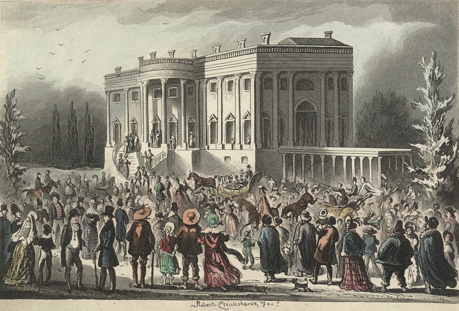 Menschenansammlung bei der Amtsübernahme von Andrew Jackson, Gemälde von Robert Cruikshank (Quelle: hustonchronicle.com)