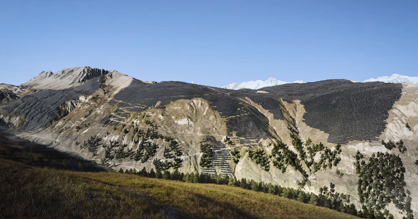 Photovoltaik-Module auf bis zu 3,4 Quadratkilometern: Projekt «Grengiols Solar» (Visualisierung der Projektpartner)