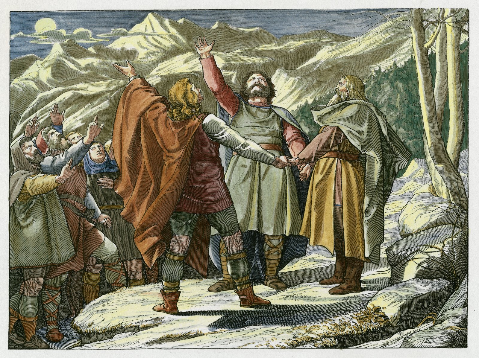 Rütlischwur im Geist der Selbstbestimmung.  Holzstich, um 1860, nach Zeichnung von Adolf Erhardt. Quelle: Keystone