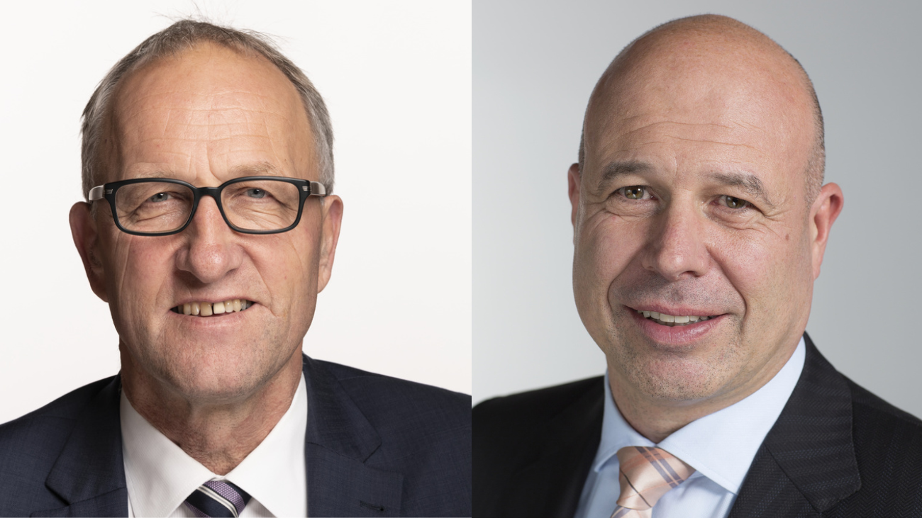 Diese beiden Mitte-Ständeräte haben ihre Zustimmung zur Aufhebung des Neubauverbots schon angekündigt: Peter Hegglin (ZG, links), Fabio Regazzi (TI). Bilder: Keystone