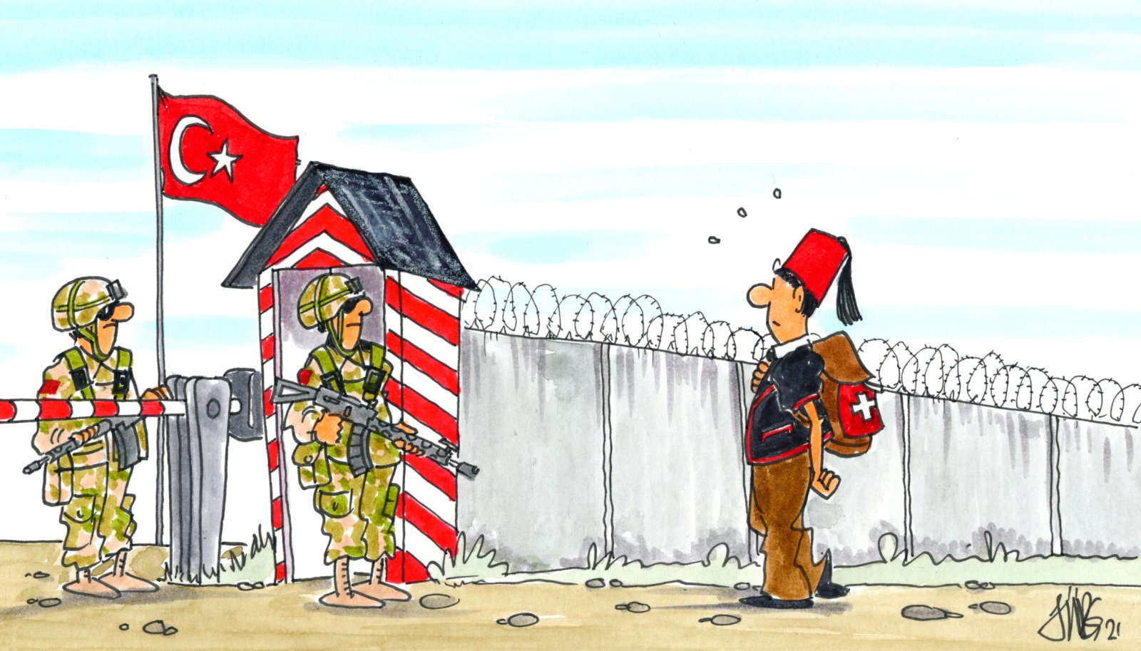 Ab zum Dienst? Doppelbürger haben in der Türkei Probleme. Karikatur:Jürg Kühni