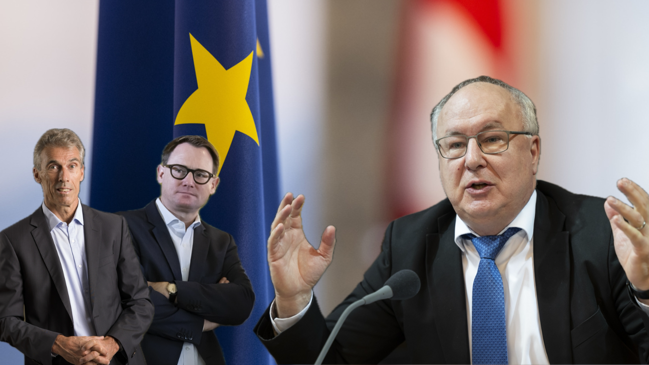 Nun beginnt die innenpolitische Auseinandersetzung um das Vertragswerk mit der EU. Im Bild: Severin Moser, Urs Furrer, Pierre-Yves Maillard (v.l.n.r). Bilder: Keystone/eigene Montage
