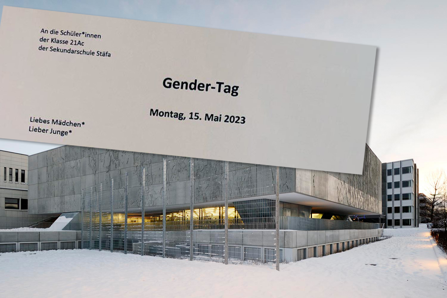 Man habe am «Gender-Tag» die Geschlechterrollen von Mann und Frau thematisieren wollen, heisst es von der Schulpflege in Stäfa. Sie spricht von einem «Missverständnis». Auf die Durchführung wird nach Drohungen gegen die Mitarbeiter trotzdem verzichtet.