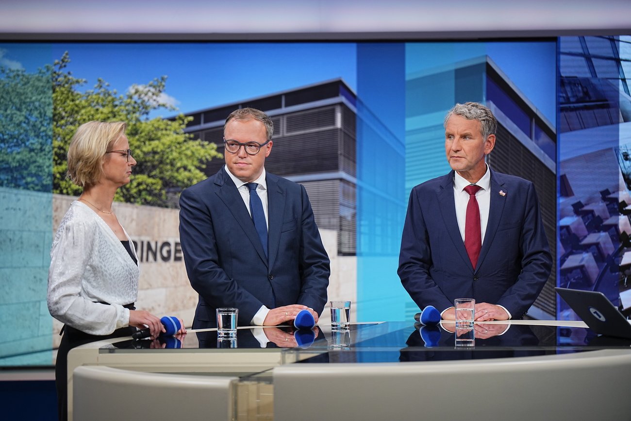Die drei Spitzenkandidaten der Gewinnerparteien von Thüringen, Katja Wolf (BSW), Mario Voigt (CDU) und Björn Höcke (AfD). Bild: Keystone