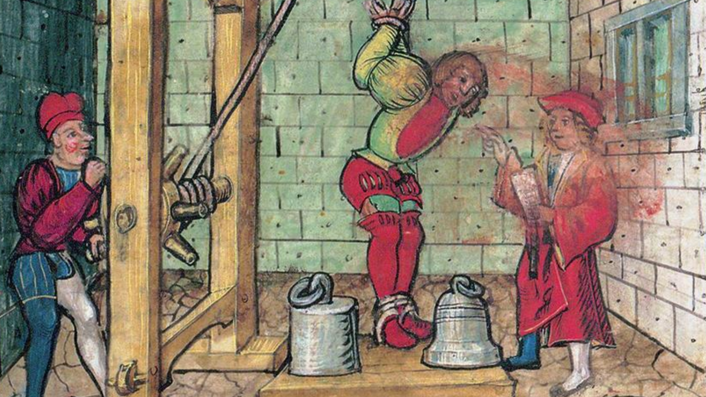 Ein Bild aus der Vergangenheit: Der Henker zieht am Seil, während der Richter rechts das Geständnis des Beschuldigten erwartet. Illustration aus der Luzerner Chronik von Diebold Schilling, 1513. Seit 1874 gilt in der Schweiz ein nationales Folterverbot. Bild: Zentral- und Hochschulbibliothek Luzern, Sondersammlung, Eigentum Korporation Luzern.