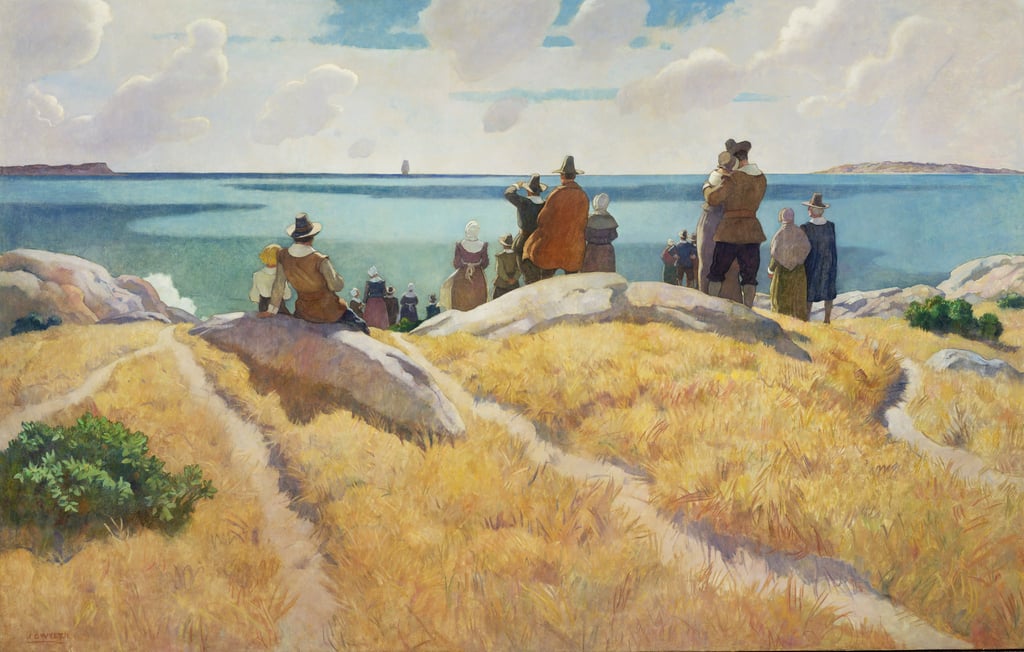 Die Mayflower segelt nach England zurück. Die Puritaner bleiben. (Gemälde von Newell Convers Wyeth, 1941).