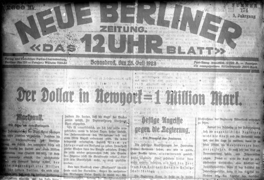 1923 meldete die Berliner Tageszeitung, dass in New York ein Dollar eine Million Mark kostet. (Bild: Bundesarchiv)