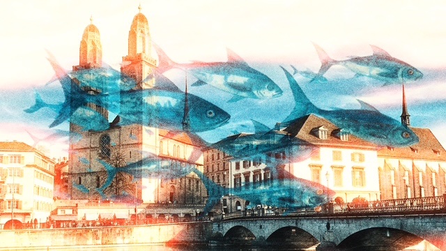 «Zürich: viele vermeintlich grosse Fische in einem winzigen Teich.» / Illustration: Dominique Feusi x KI