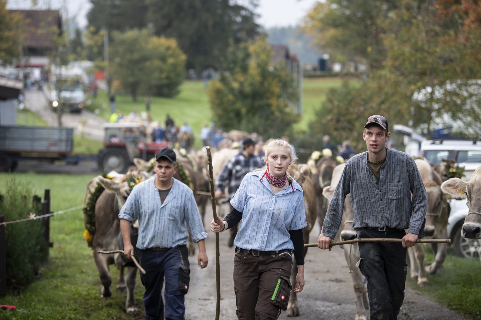 Frauen und Männer präsentieren ihre Kälber und Kühe an der 125-Jahre Jubiläums-Viehschau in Hausen am Albis. (Bild:
