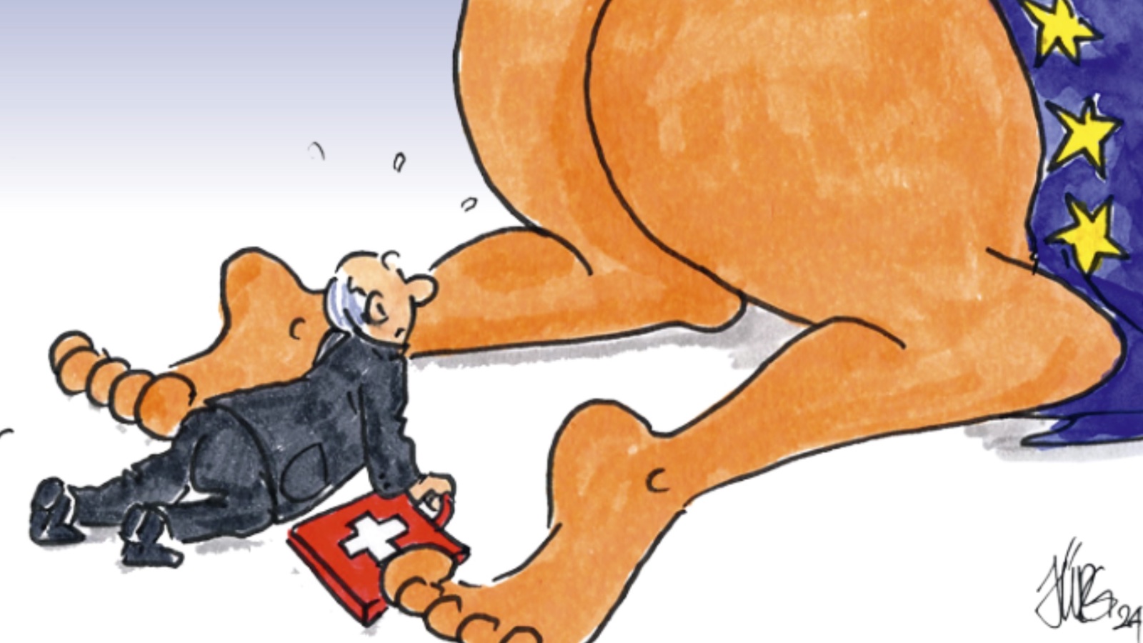 Die Ausgabe 02-2024 befasst sich mit dem Rahmenabkommen. Karikatur: Jürg Kühni