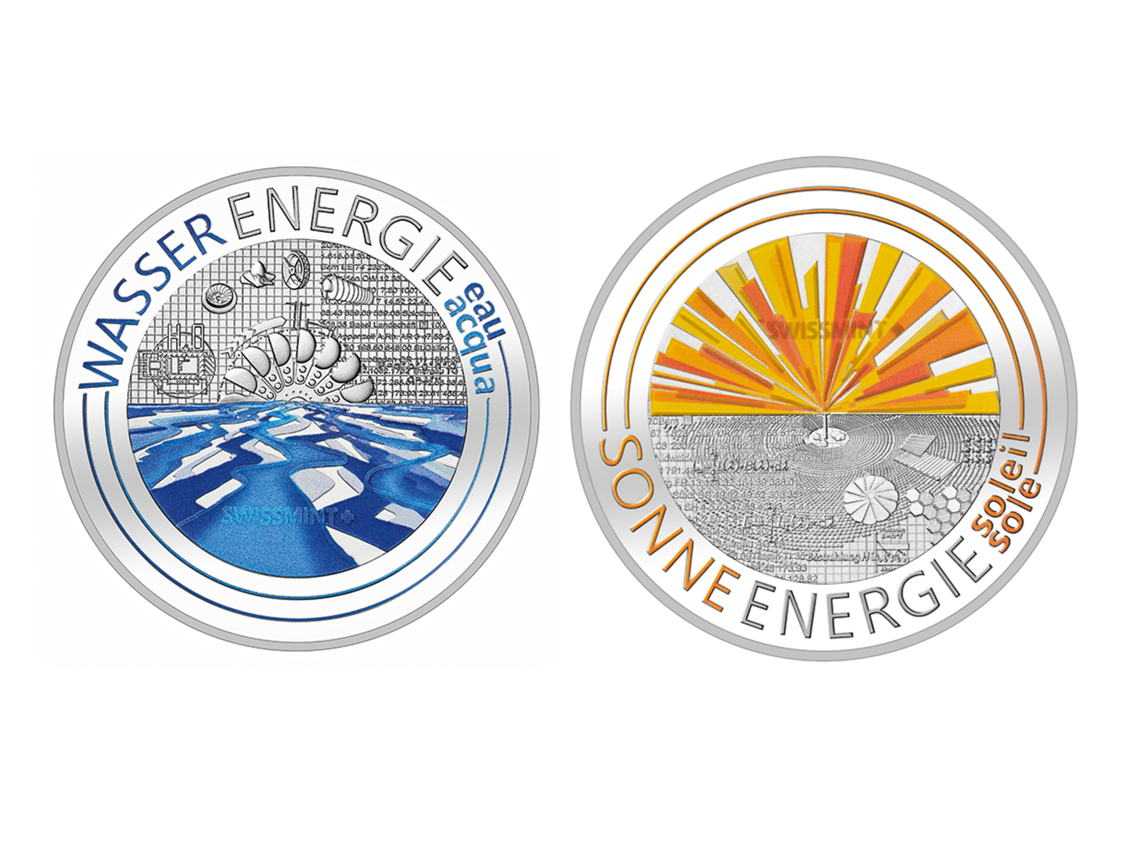Exklusive Münzen: Energien der Zukunft: Wasser und Sonne. Nächstes Jahr folgt die Windkraft. Bilder: Swissmint