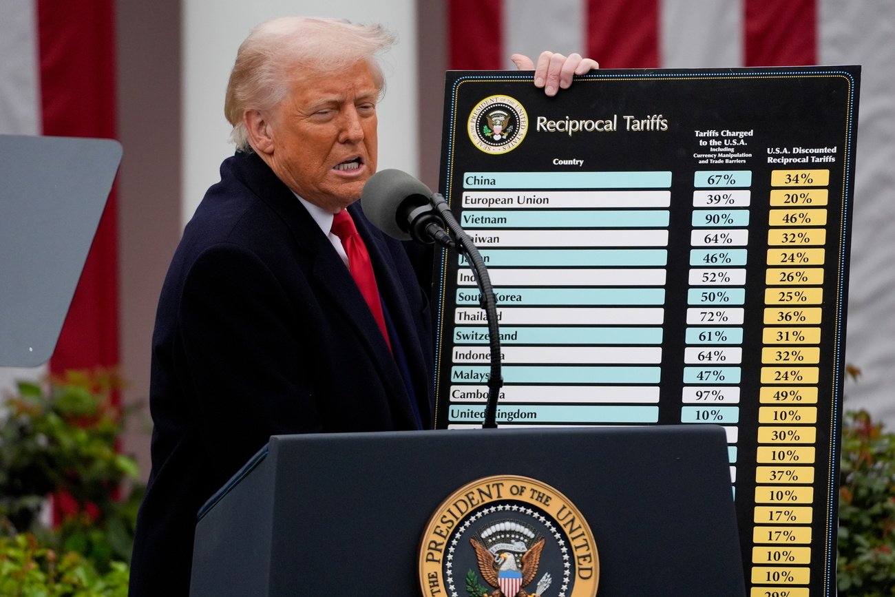 US-Präsident Donald Trump zeigt die Liste der besonders mit Zöllen belegten Länder. Bild: Keystone