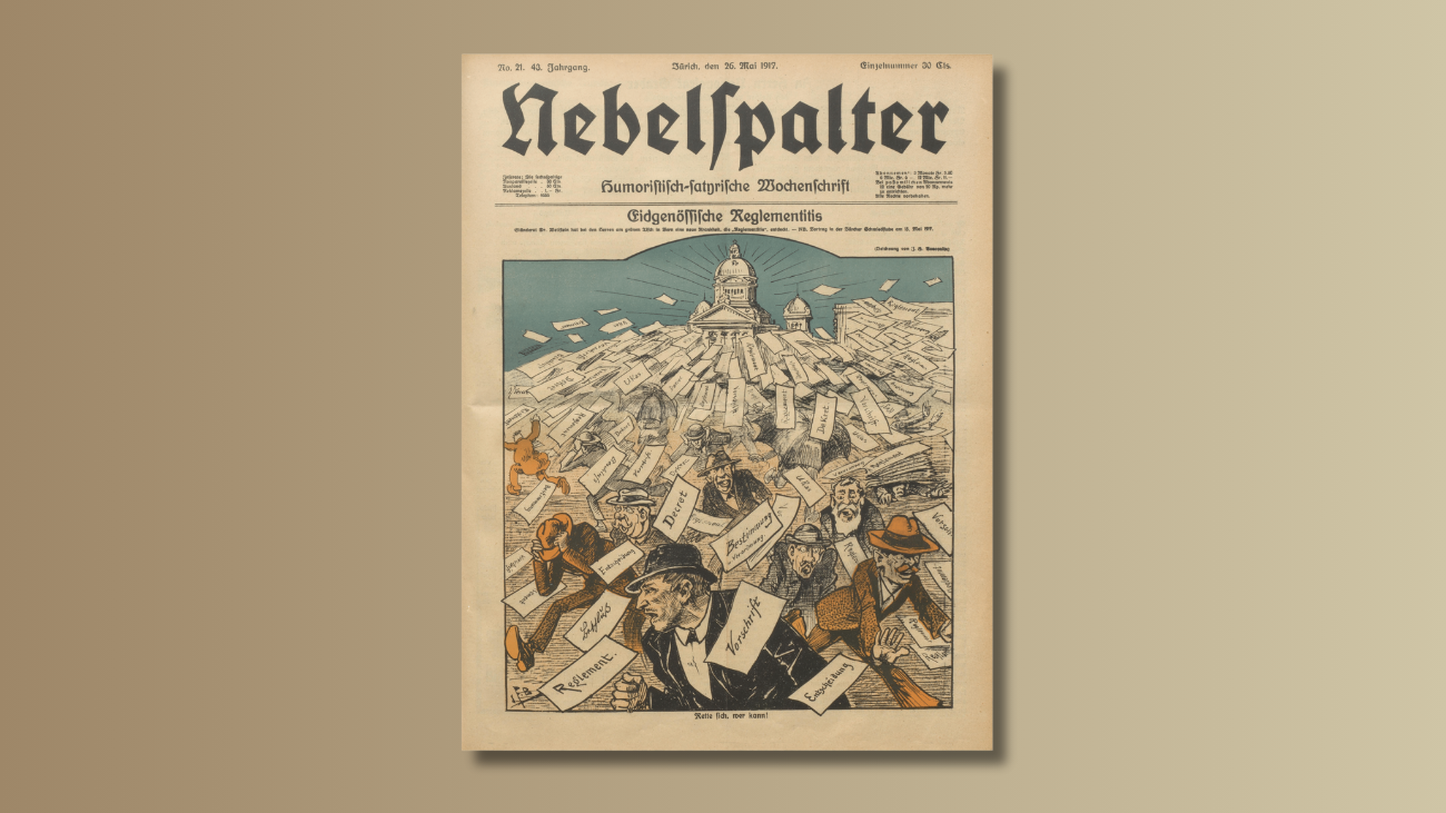 «Eidgenössische Reglementitis». Titelbild Nebelspalter, Mai 1917.