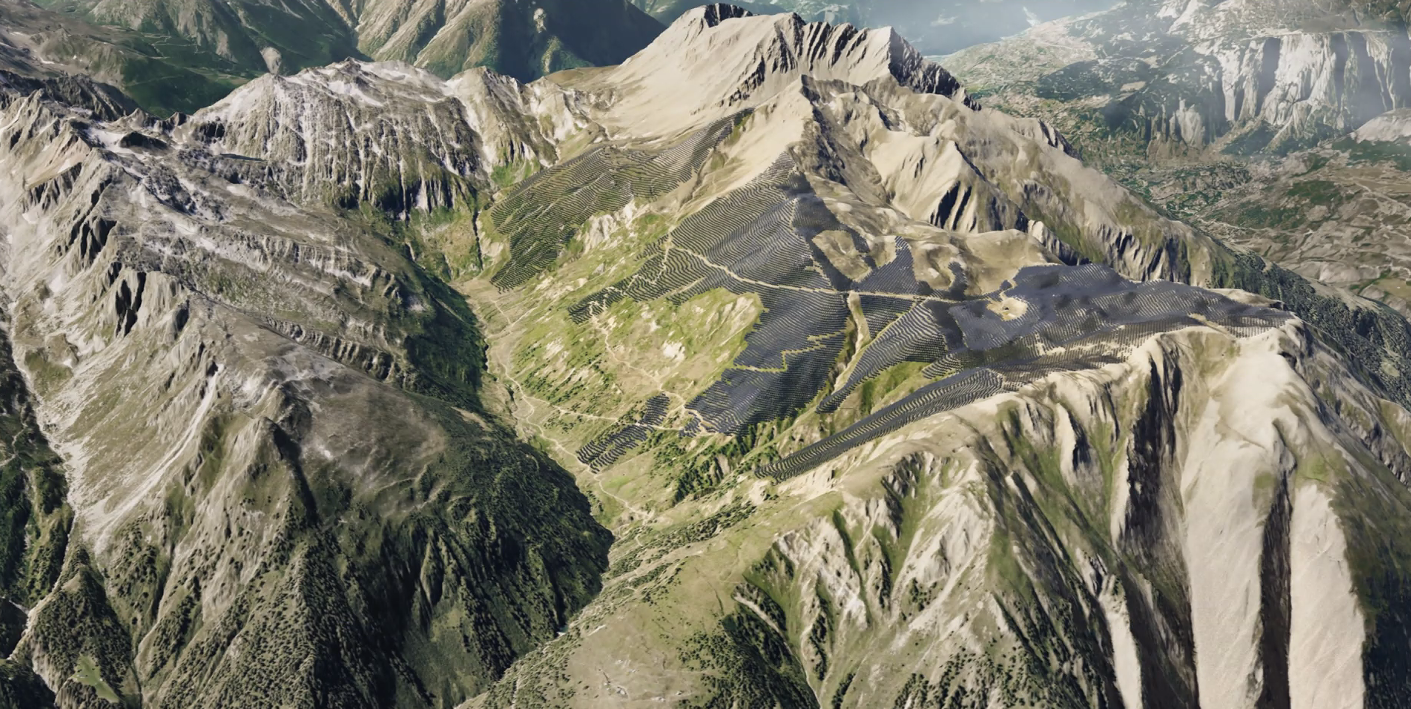 Solarpanels, die einen ganzen Bergrücken bedecken. Visualisierung «Grengiols Solar».