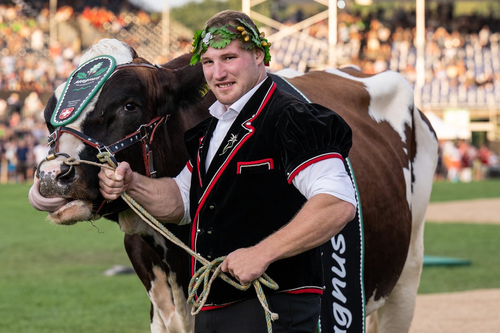"Als Bittsteller auf den Knien meines Schwingerherzens flehe ich dich an, mein König": Joel Wicki mit Siegermuni Magnus. (Bild: Keystone SDA)