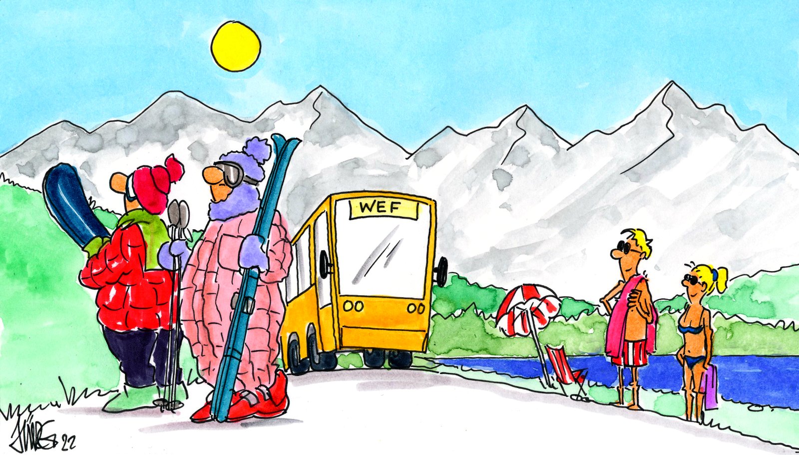 Manager am sommerlichen WEF: «Sonst hat es immer Schnee!». (Zeichnung: Jürg Kühni)