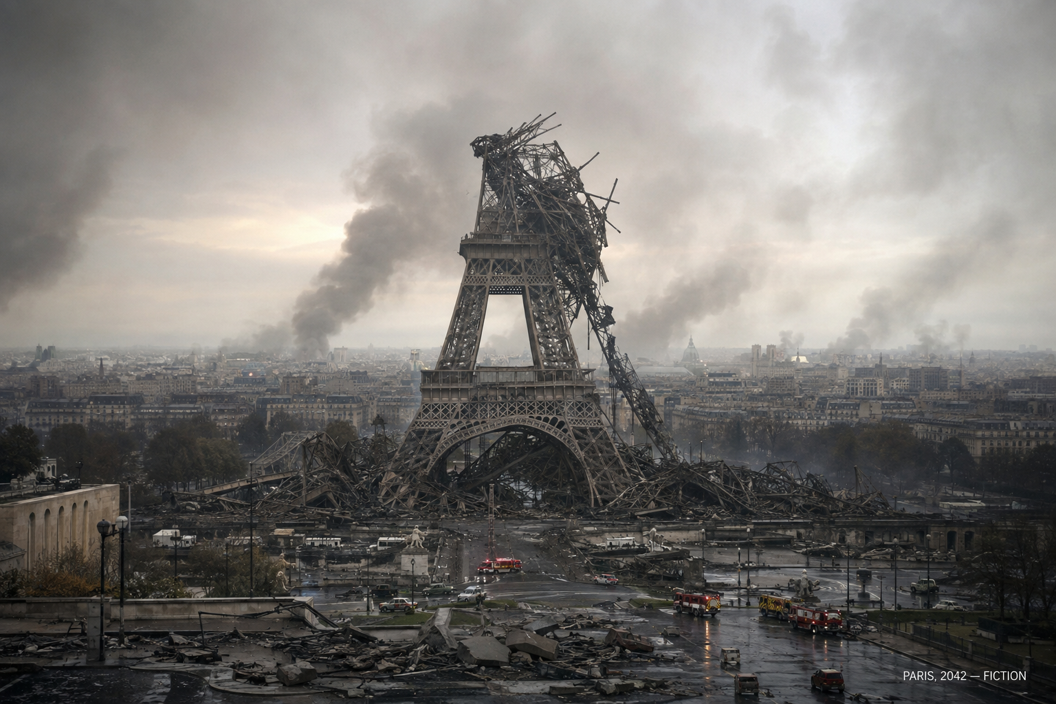 Am 23. Dezember 2042 bombardierten die deutsche und die russische Luftwaffe Paris. Im Bild: der zerstörte Eiffelturm. Bild: ChatGPT