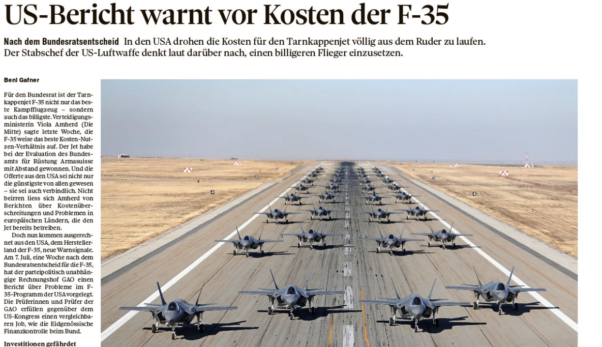 Gewagte Schlagzeile: Der «Tages-Anzeiger» kritisiert die amerikanischen Flugzeuge. Bild: Screenshot