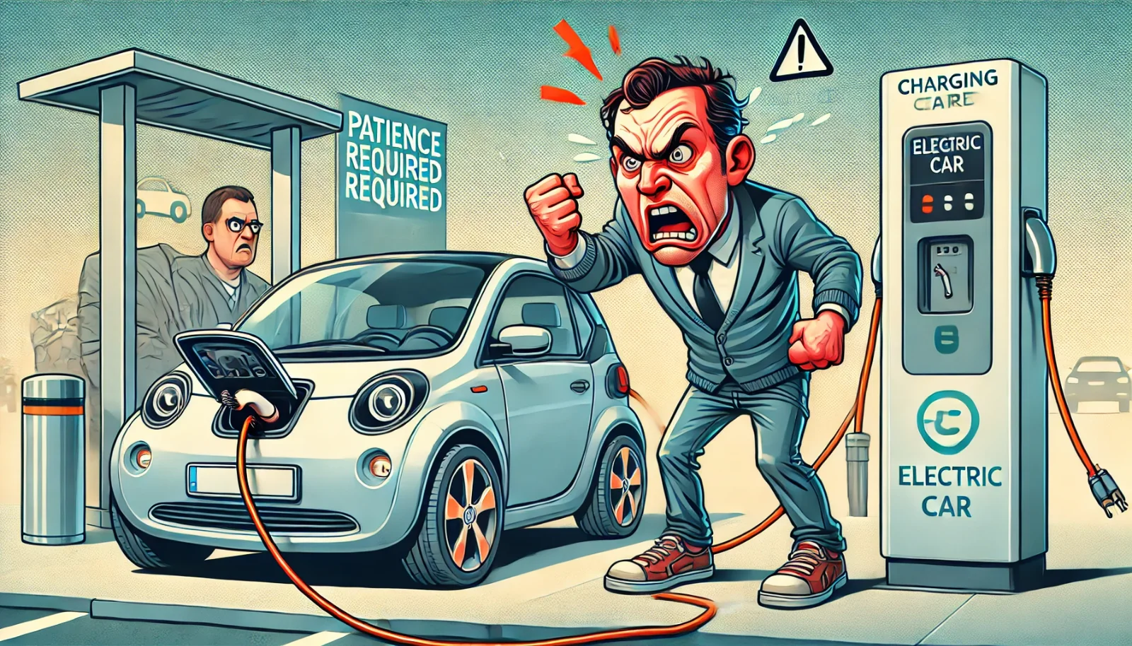 Der Ärger über Elektrofahrzeuge steigt. Karikatur: Chat-GPT