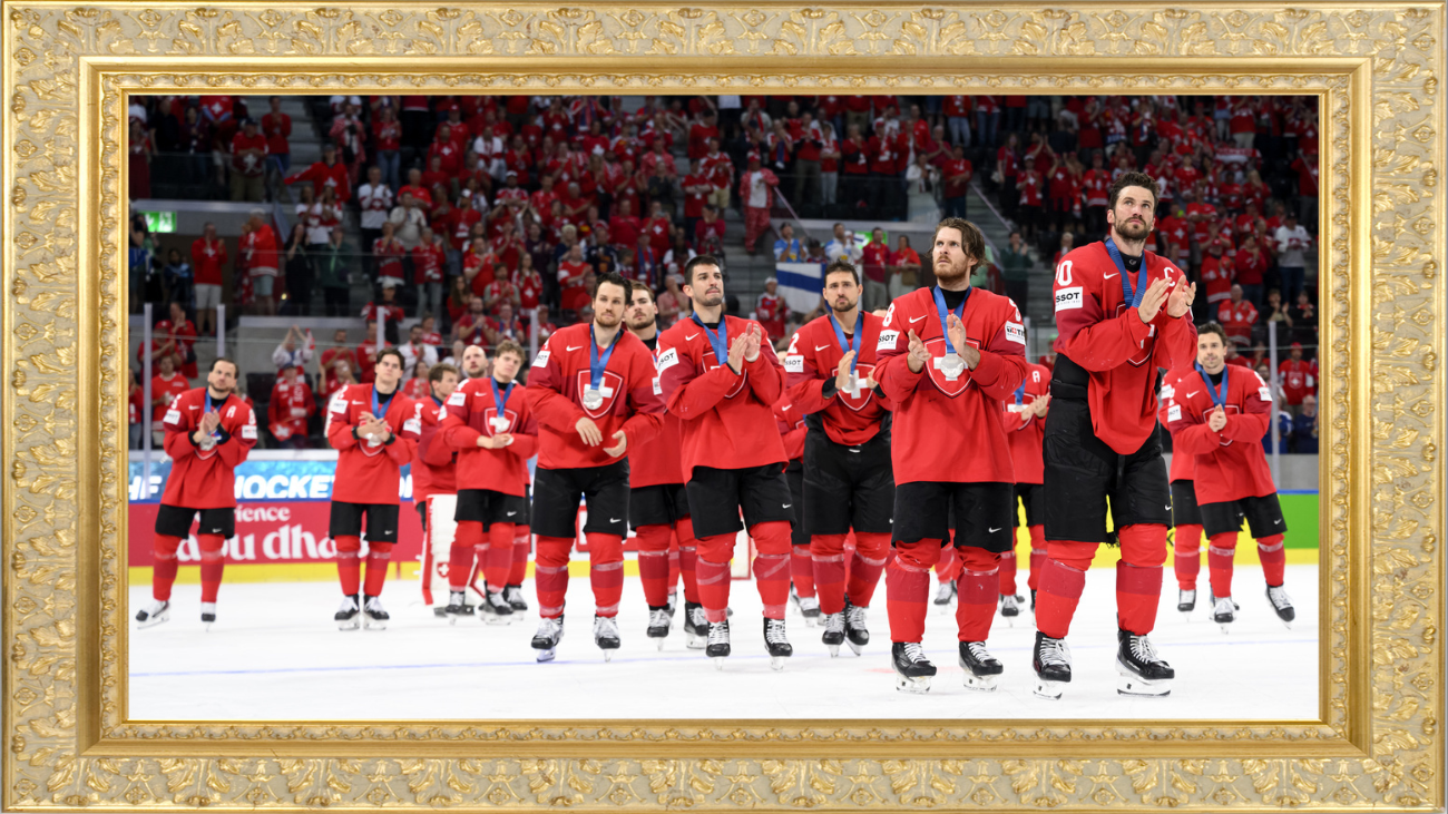 Schweizer Eishockey-Nati, Goldmedaillengewinner der Herzen. Bild: Keystone, eigene Montage