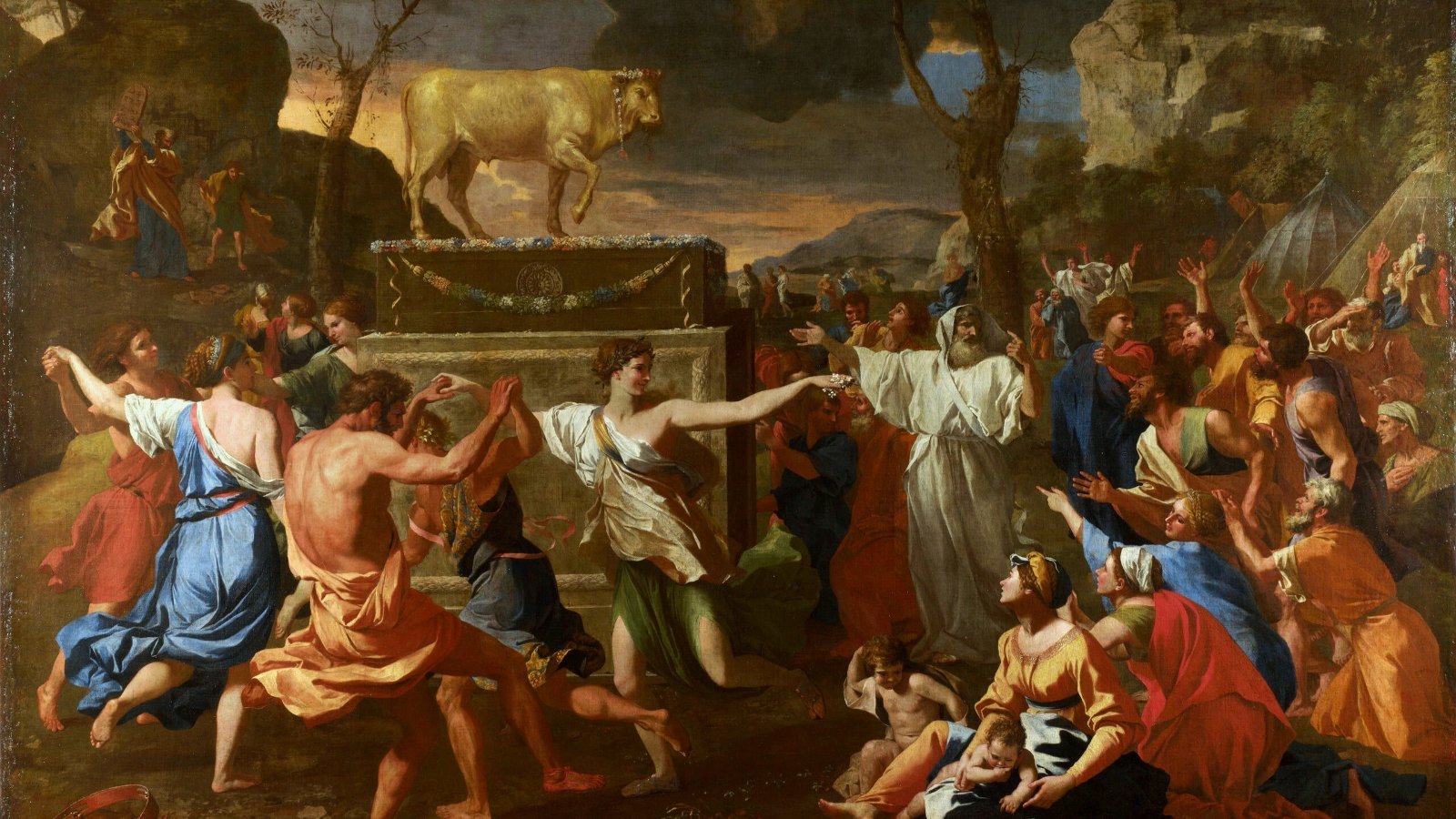 Die Bewunderung des Goldenen Kalbs, hier im Gemälde von Nicolas Poussin, entstanden vor 1634. Bild: PD