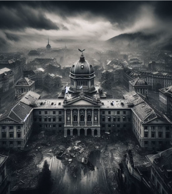 Wie sich die KI eine dystopische Zukunft der Schweiz vorstellt. (Bild: Generiert mit Microsoft Bing/Dall-E)