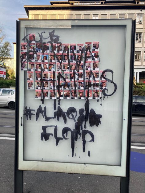 «Fuck Zionist, Viva Hamas #ALAQSAFLOOD » auf einem Plakat vor der ETH. Im Hintergrund sind vermisste Israeli zu sehen, die während der «Operation Al Aqsa Flood» entführt oder umgebracht wurden. Bild: Quelle bekannt