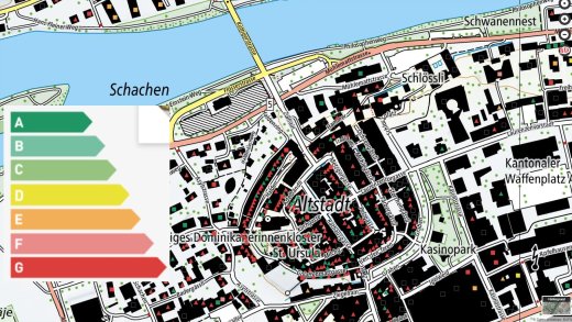 Energielabel: Rot gekennzeichnete Gebäude gelten als gnadenlos klimafeindlich.  (Bild: Kartenausschnitt der Stadt Aarau aus geo.admin.ch)