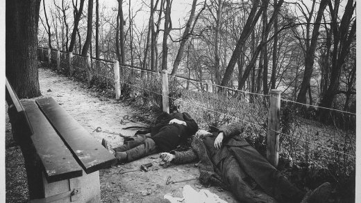 Die Leichen der Täter im Margarethenpark in Basel. (Bild: Polizeimuseum Basel)