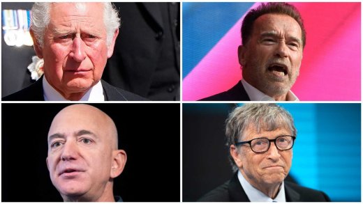 Oben: Prinz Charles, Arnold Schwarzenegger. Unten: Jeff Bezos, Bill Gates. Bilder: Keystone