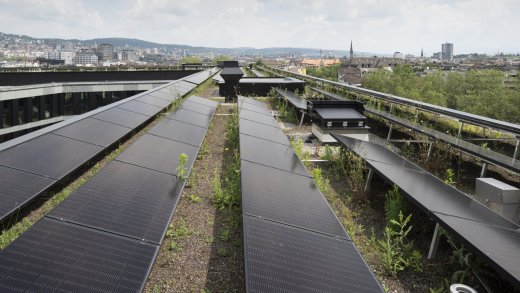 Vergrössert die Probleme mit der Stromversorgung:  Fotovoltaik-Anlage auf dem Dach des Zürcher Polizei- und Justizzentrums. Bild: Keystone