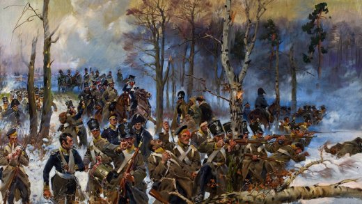 Schlacht bei Olszynka Grochowska bei Warschau zwischen Polen und Russen am 25. Februar 1831 (Wojciech Kossak, 1931, CC-Lizenz, Muzeum Narodowego w Warszawie).