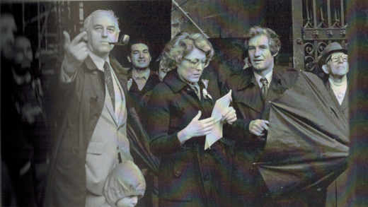 Foto Claude Giger. «Viererbande»: Helmut Hubacher, Lilian Uchtenhagen, Andreas Gerwig, Walter Renschler (1. Mai 1978 in Basel vor dem Rathaus)